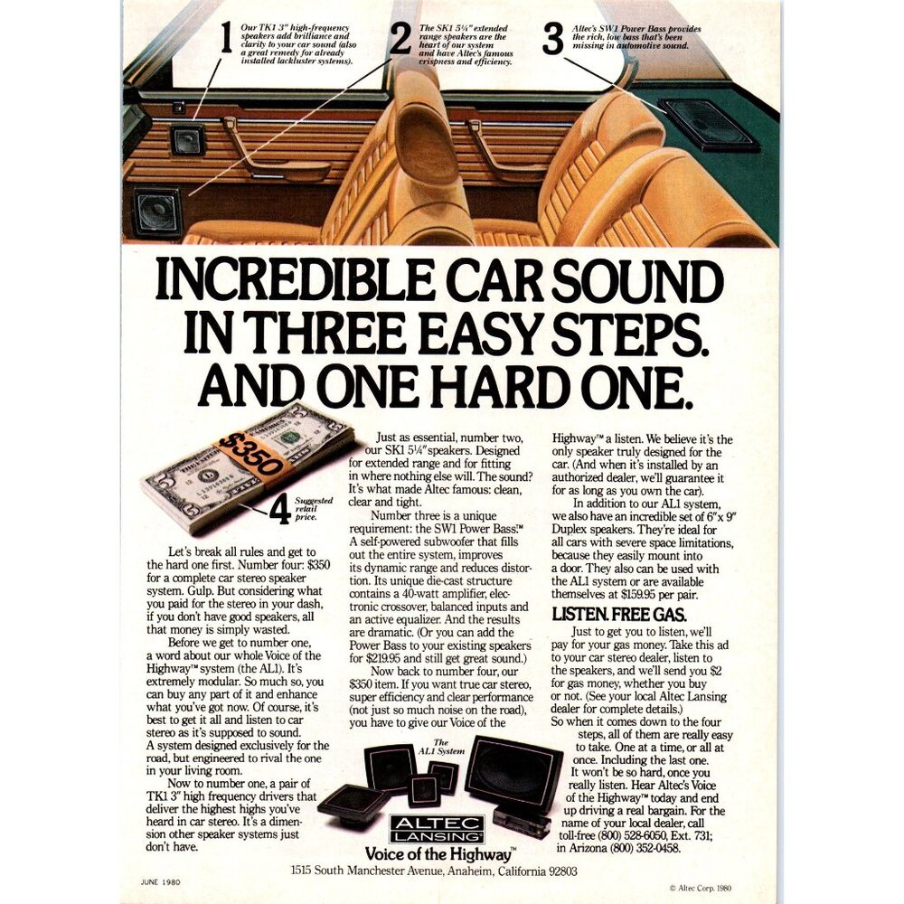 1980 Altec Lansing Car Stereo Speakers Vintage Print Ad Audiophile Wall Art 80s